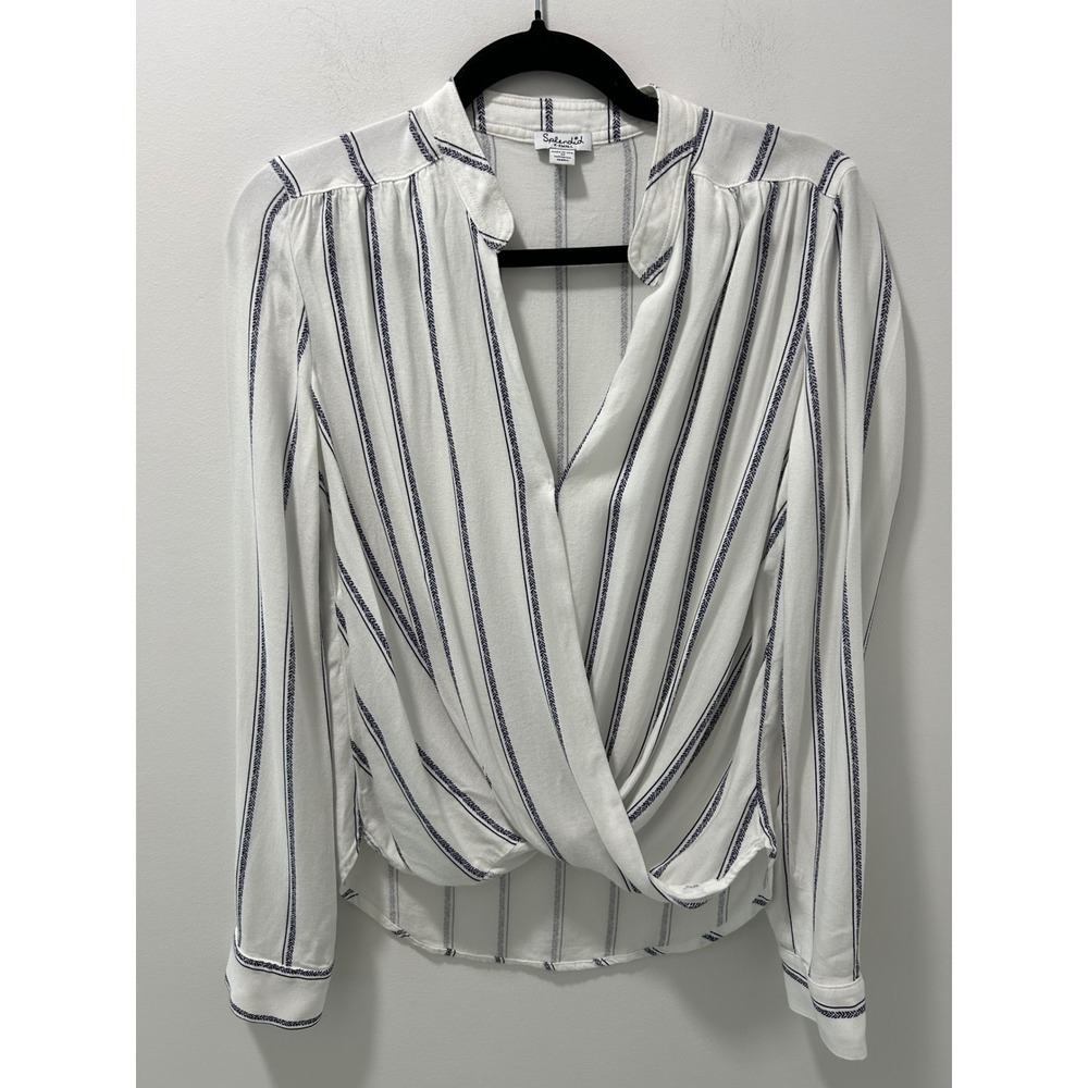 Splendid Womens XS White Blue Striped Surplice Wrap Twist Front Blouse Top